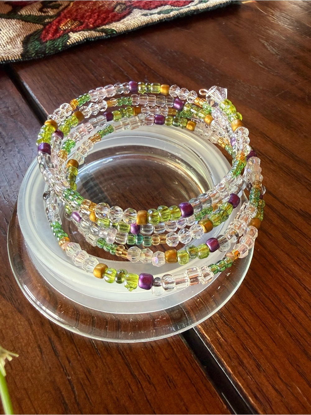 Multicolor Seed Bead Wrap Bracelet - Green, Gold & Purple